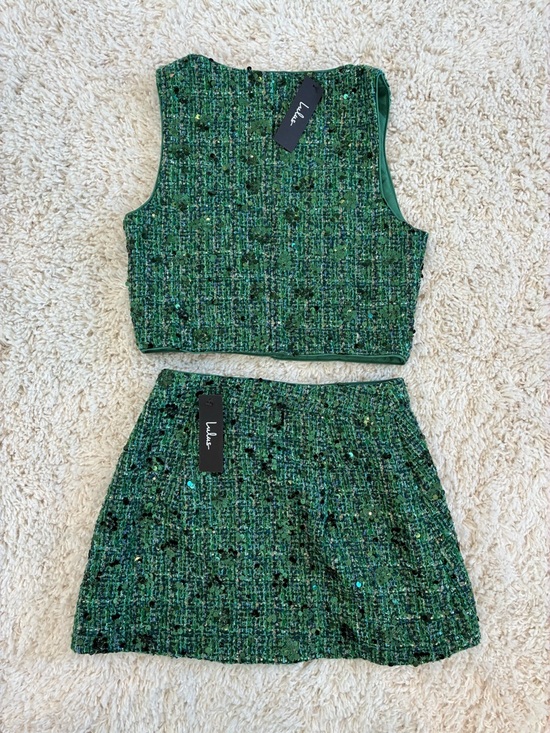 Lulus Green Tweed Two-Piece Set - Cropped Vest & Mini Skirt - Picture 2 of 2